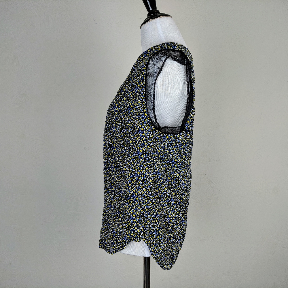 Sandro Paris Top Silk Blouse Geometric Pixel Print Luxury Designer Blue Black - Picture 5 of 8